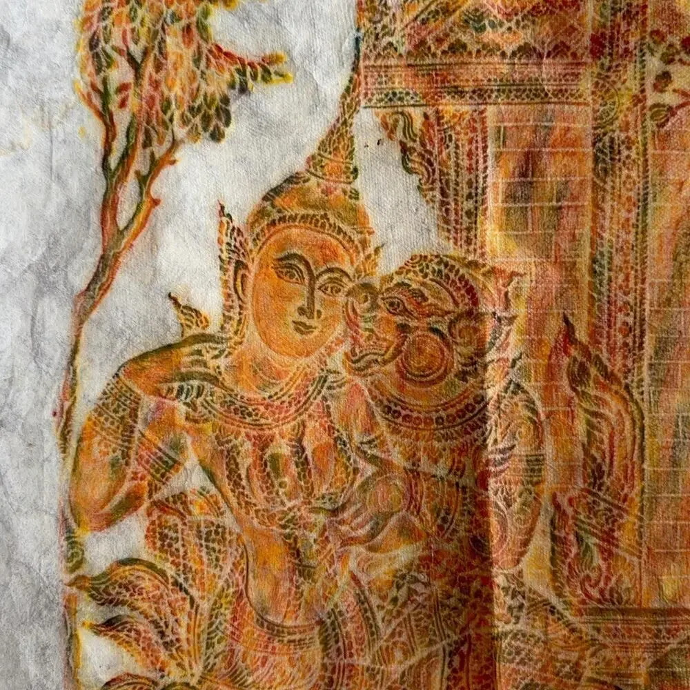 Vintage Thai Temple Rubbing Handmade Paper Wall Art 21x22 Unframed